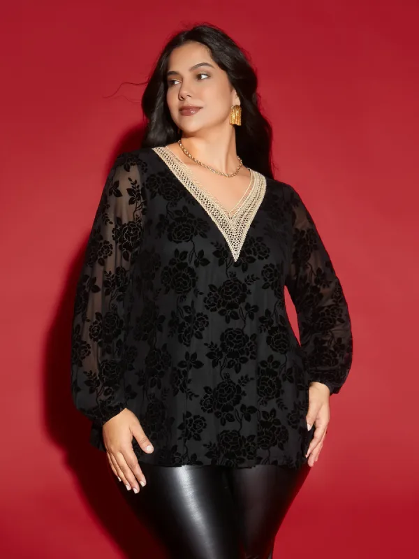 Sheer Flocked Lace Trim V-neck Blouse sold by Bloomchic