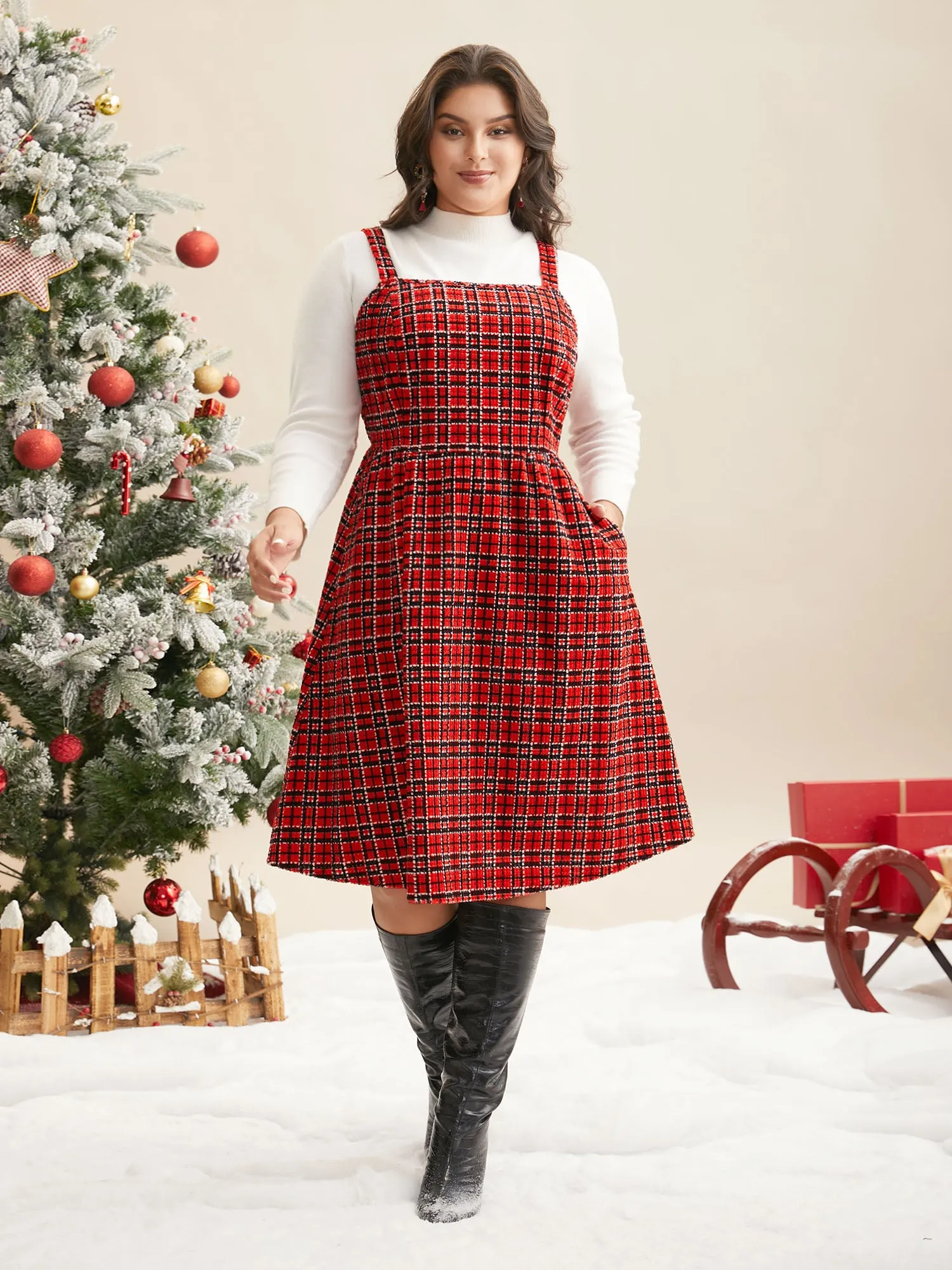 Plaid Pinafore Elastic Waist Midi Dress sold by Bloomchic