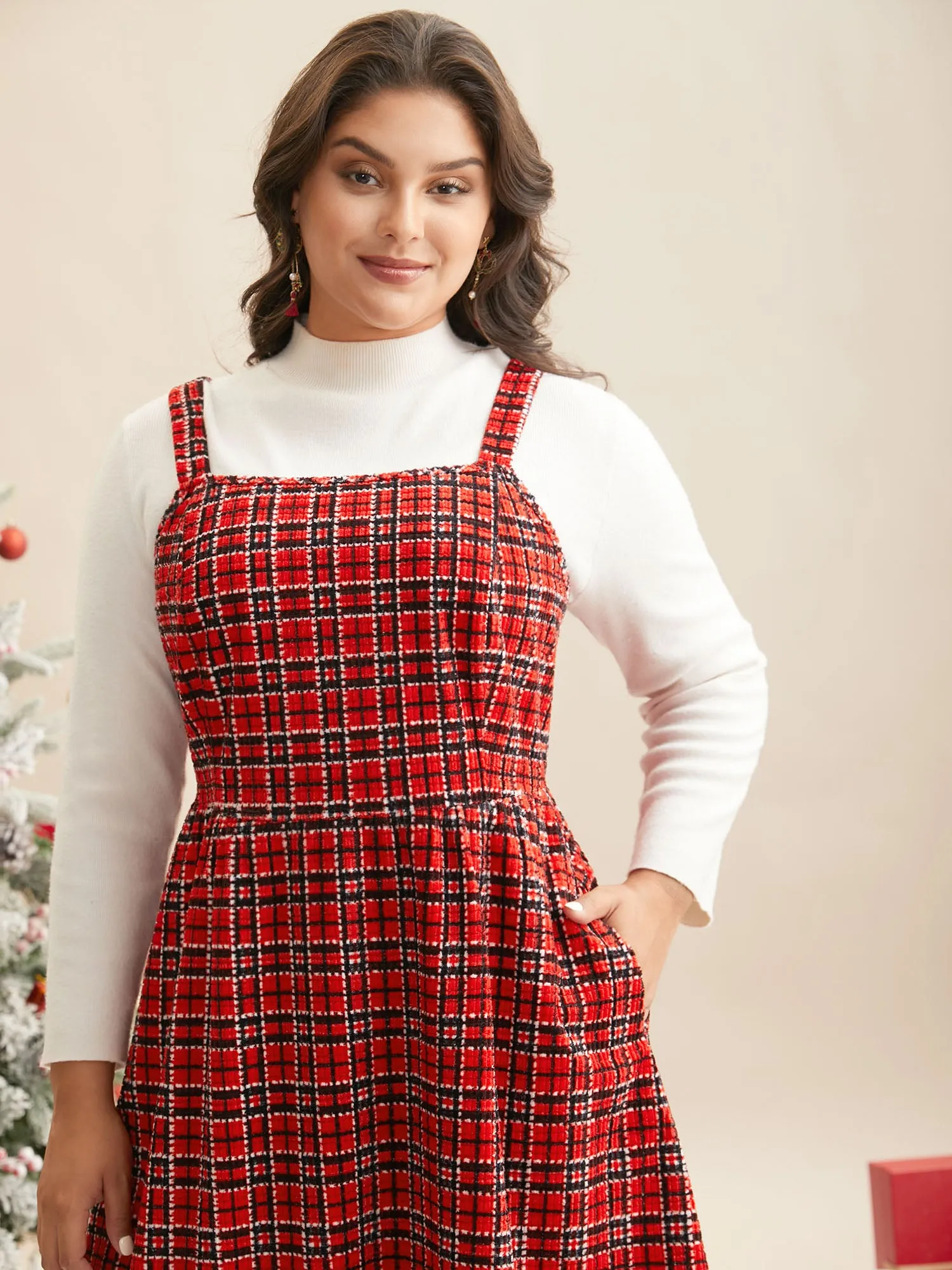Plaid Pinafore Elastic Waist Midi Dress sold by Bloomchic product image thumbnail 2