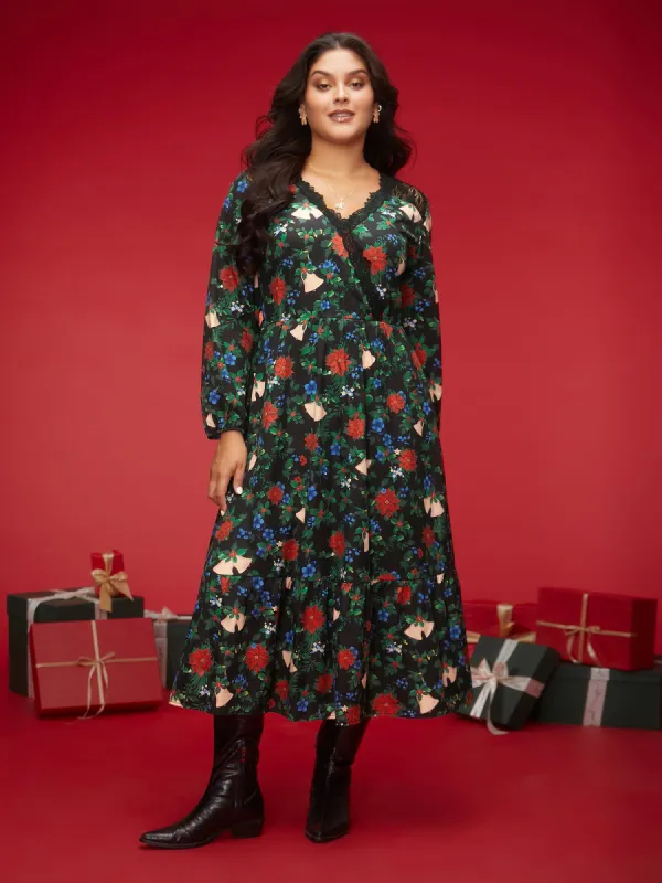Floral Lace Surplice Neckline Midi Dress sold by Bloomchic