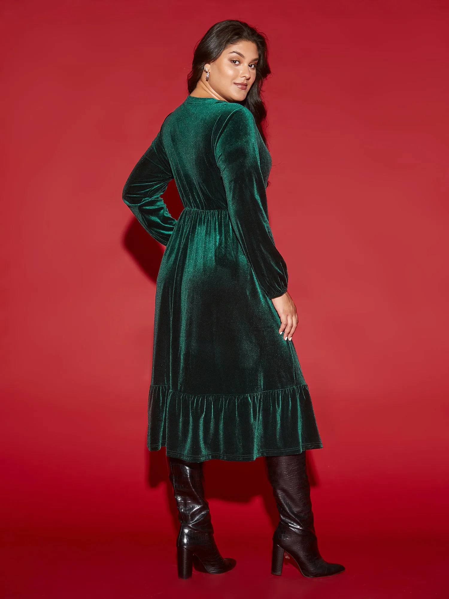 Velvet Front Button Pleated Midi Dress sold by Bloomchic product image thumbnail 4