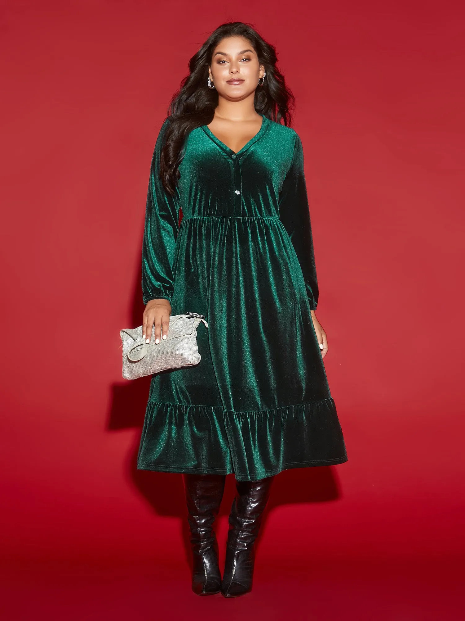 Velvet Front Button Pleated Midi Dress sold by Bloomchic product image thumbnail 3