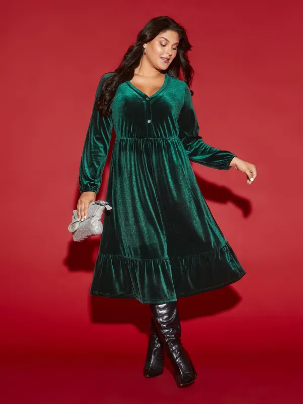 Velvet Front Button Pleated Midi Dress sold by Bloomchic