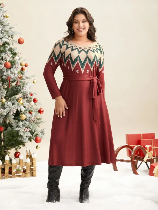 Fair Isle Yoke Waist-Tie Midi Dress sold by Bloomchic