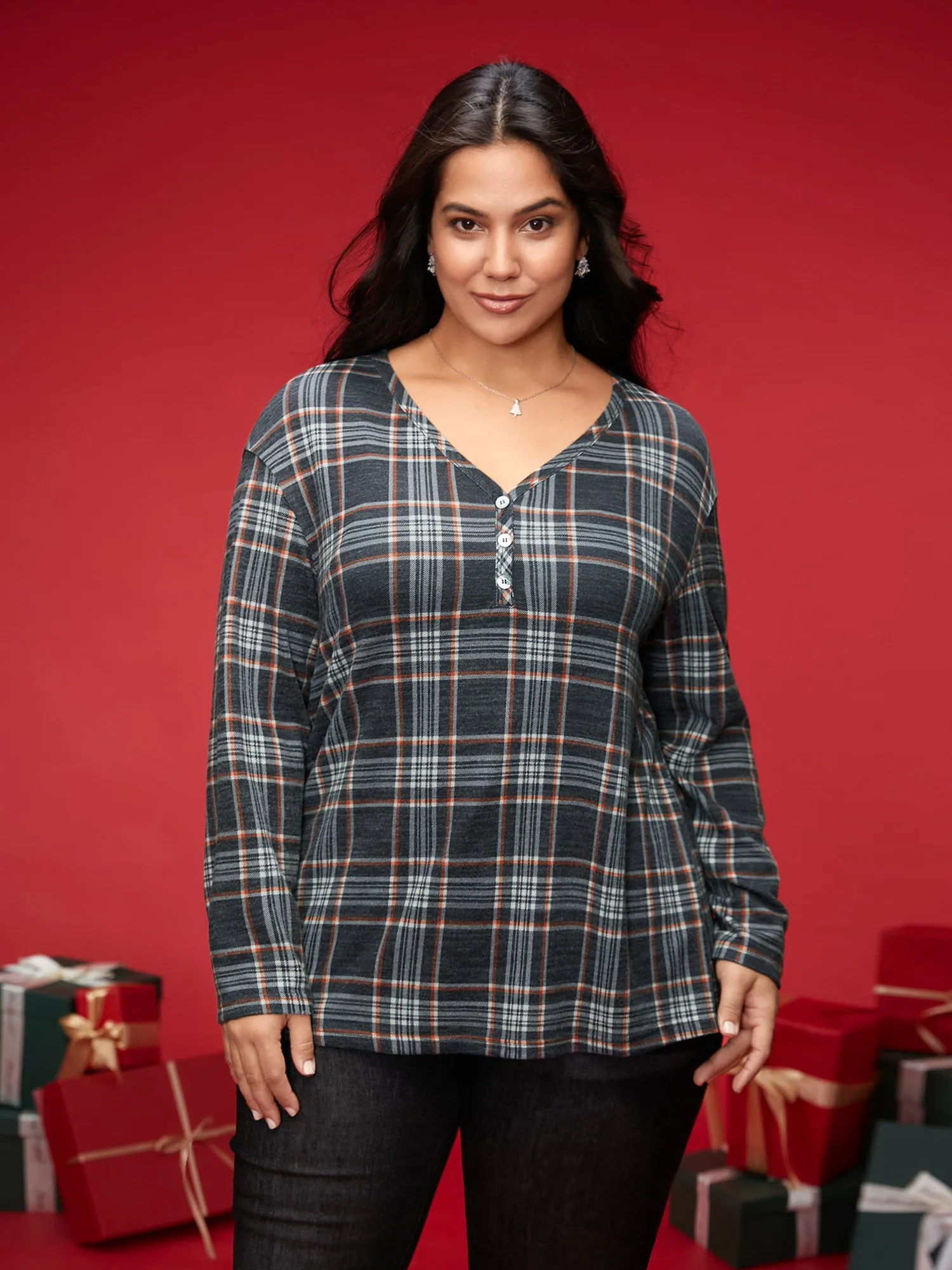 Plaid V-neck Full Sleeves Slim-Fit Tee sold by Bloomchic