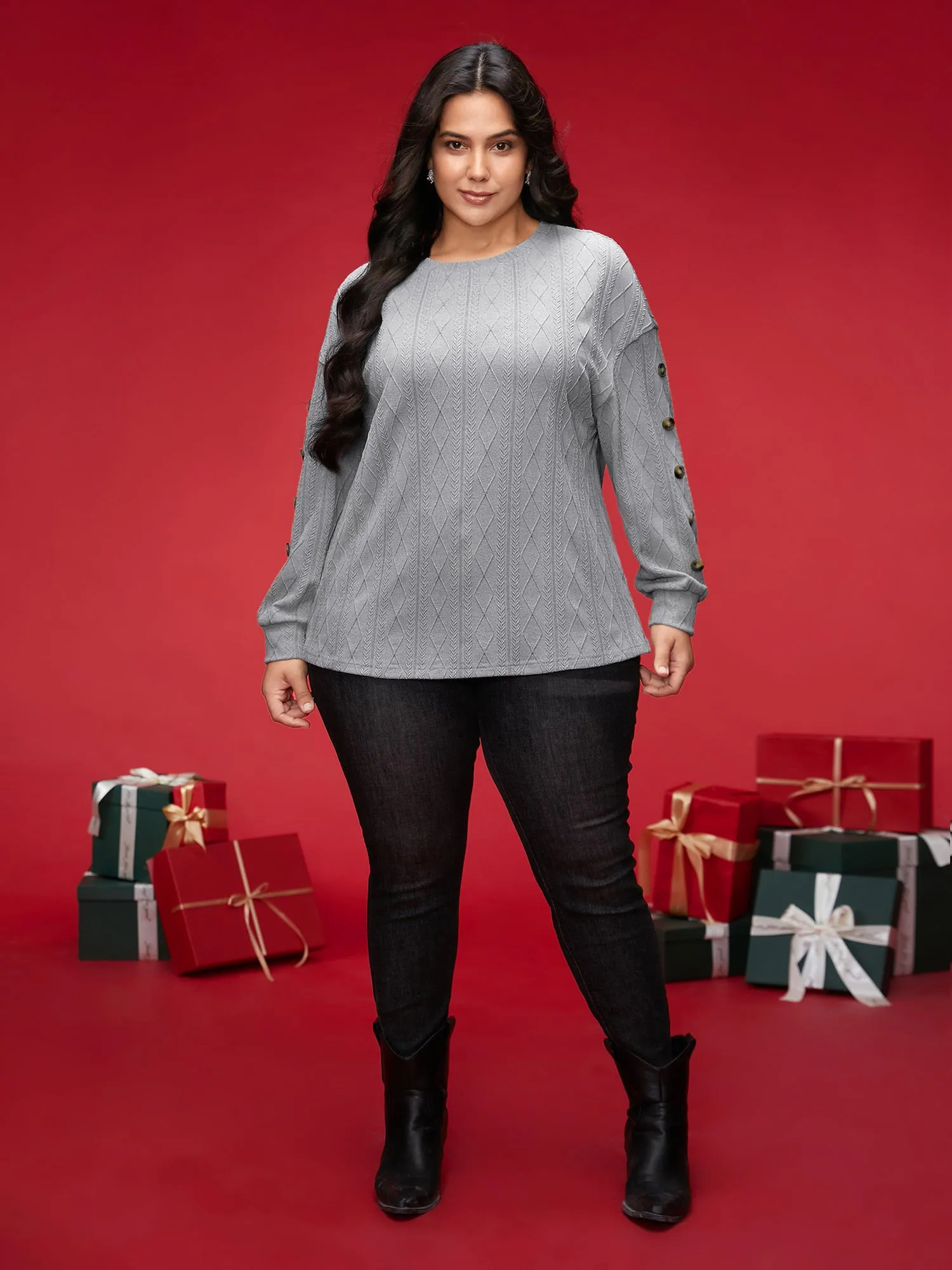 Textured Fabric Crew Neck Straight-Fit Sweatshirt sold by Bloomchic product image thumbnail 3