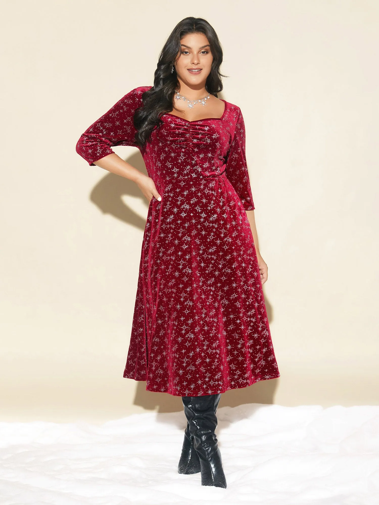 Embossed Velvet Sweetheart Neckline Midi Dress sold by Bloomchic product image thumbnail 3