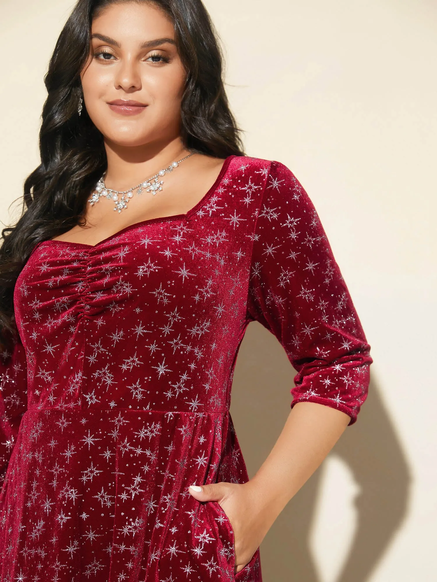 Embossed Velvet Sweetheart Neckline Midi Dress sold by Bloomchic product image thumbnail 2