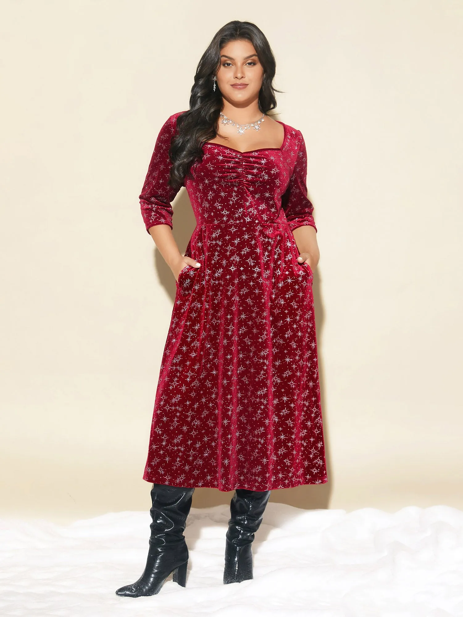 Embossed Velvet Sweetheart Neckline Midi Dress sold by Bloomchic