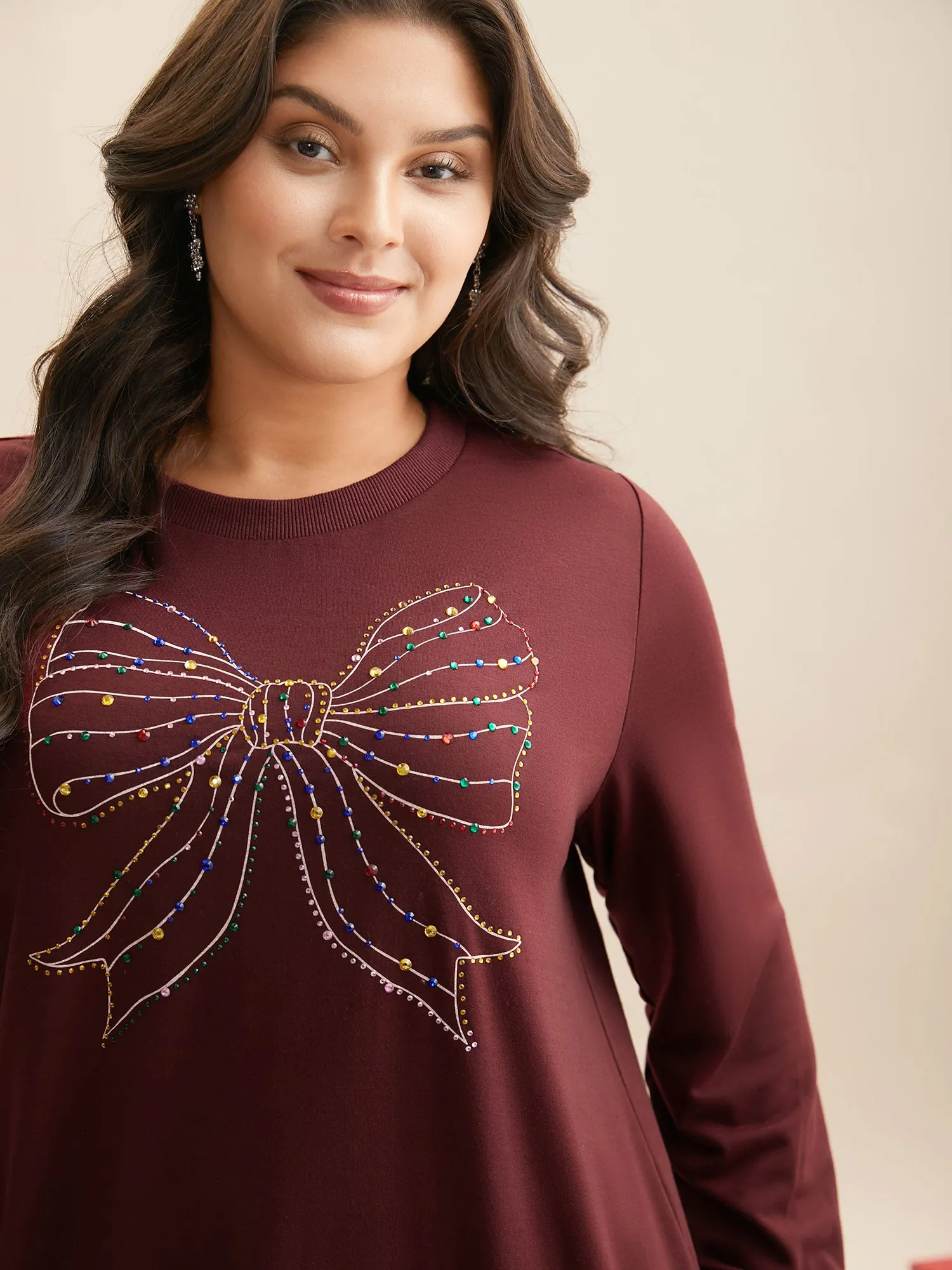Rhinestone Embellished Bow Straight-Fit Sweatshirt sold by Bloomchic product image thumbnail 4