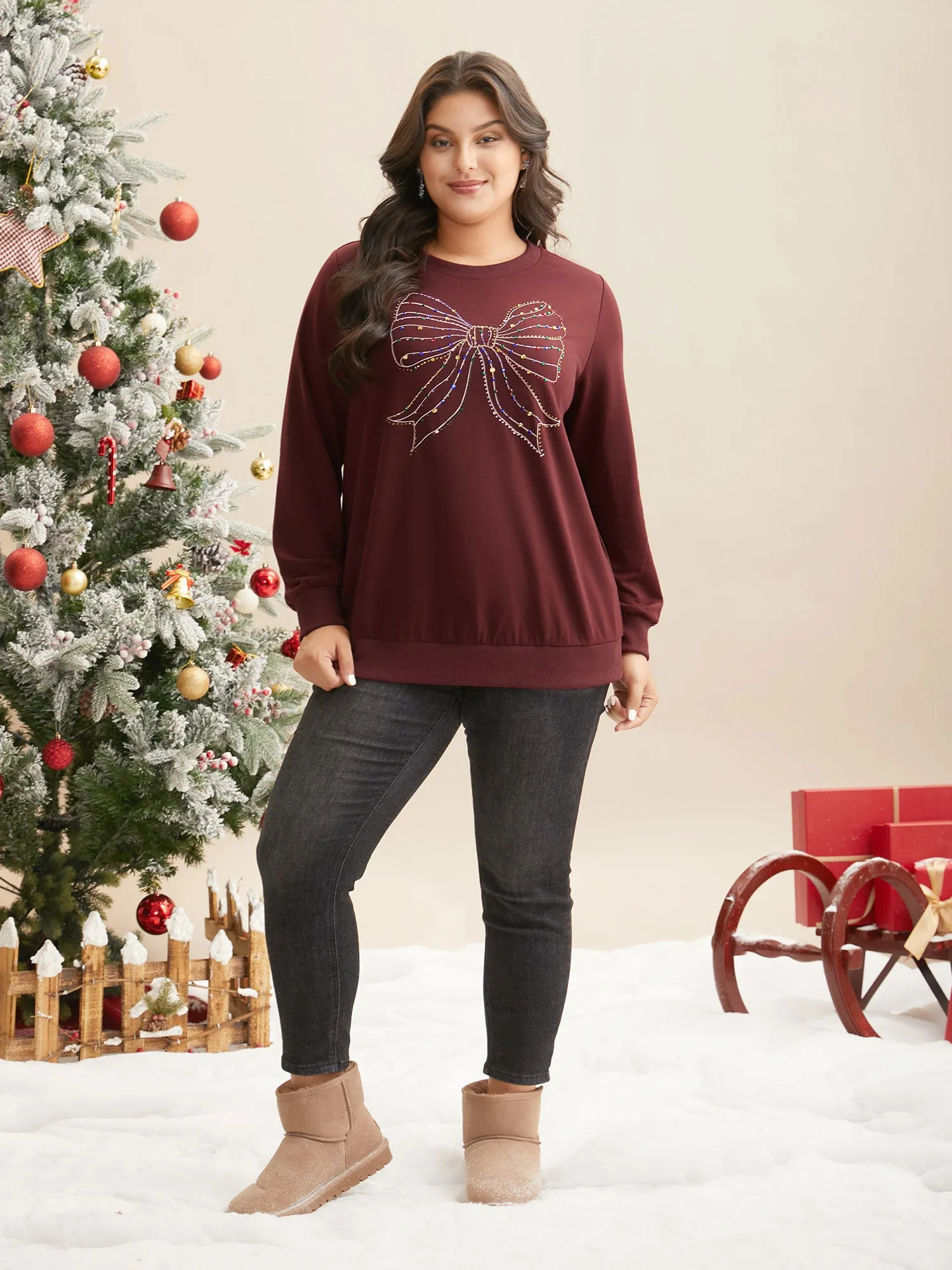 Rhinestone Embellished Bow Straight-Fit Sweatshirt sold by Bloomchic product image thumbnail 3