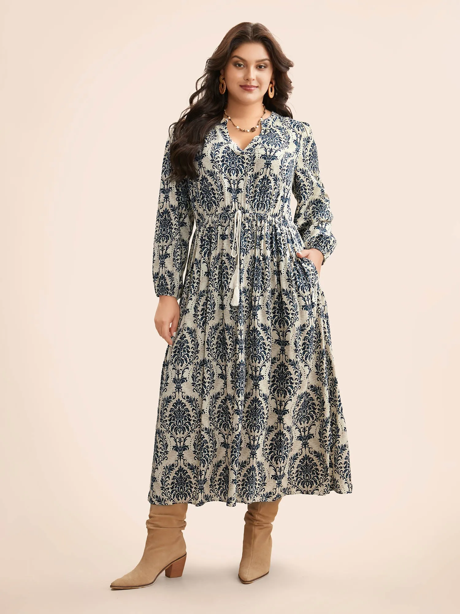 Boho Print Notched Tie Knot Maxi Dress sold by Bloomchic