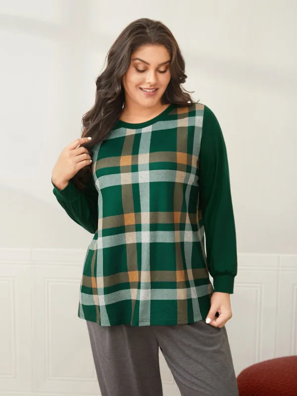 Plaid Patchwork Solid Long-Sleeves Tee made by Bloomchic