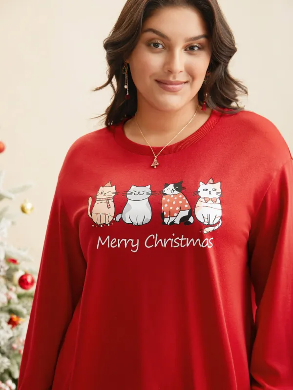 Festive Cats Print Relaxed Fit Sweatshirt sold by Bloomchic