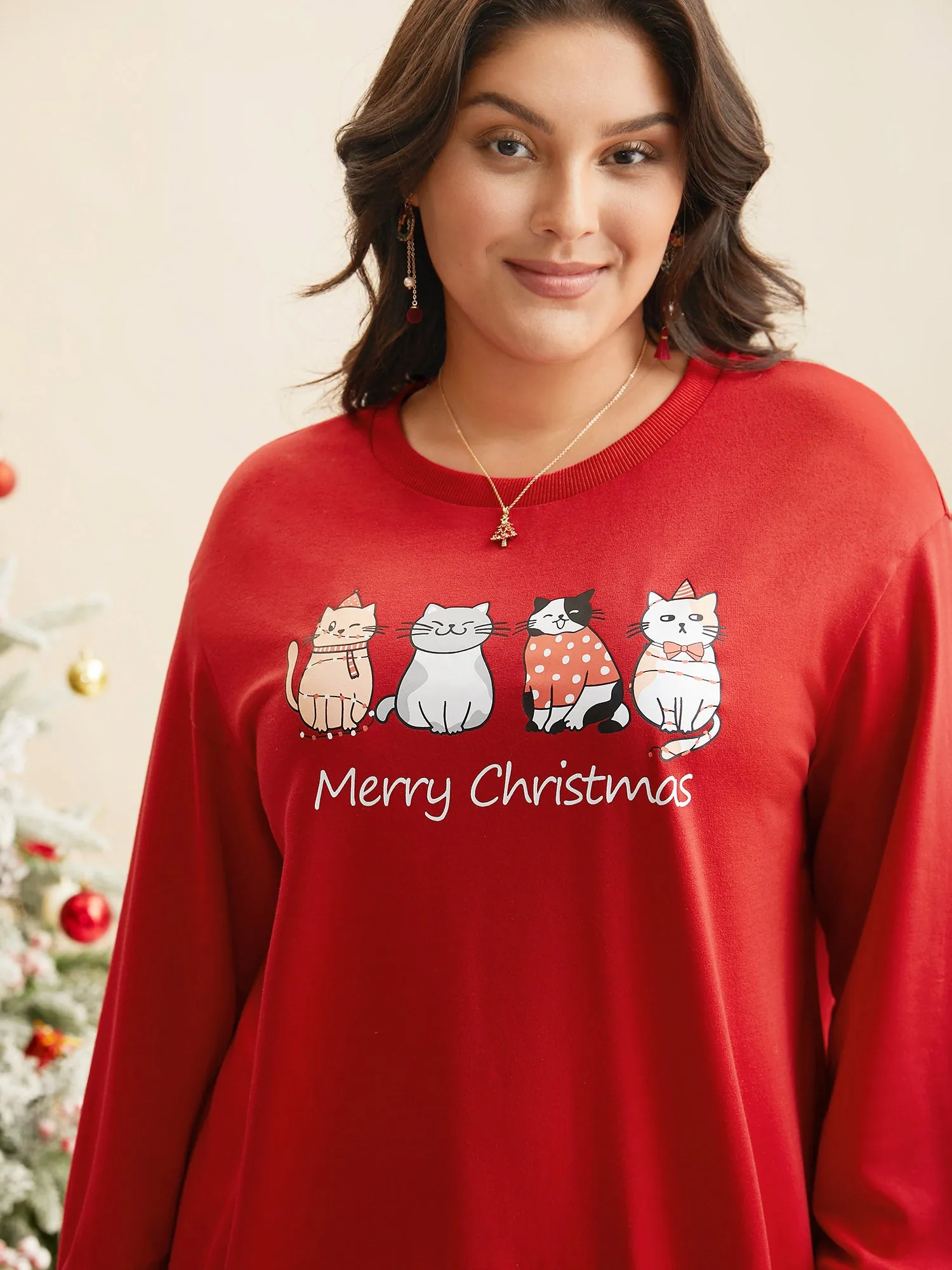 Festive Cats Print Relaxed Fit Sweatshirt sold by Bloomchic