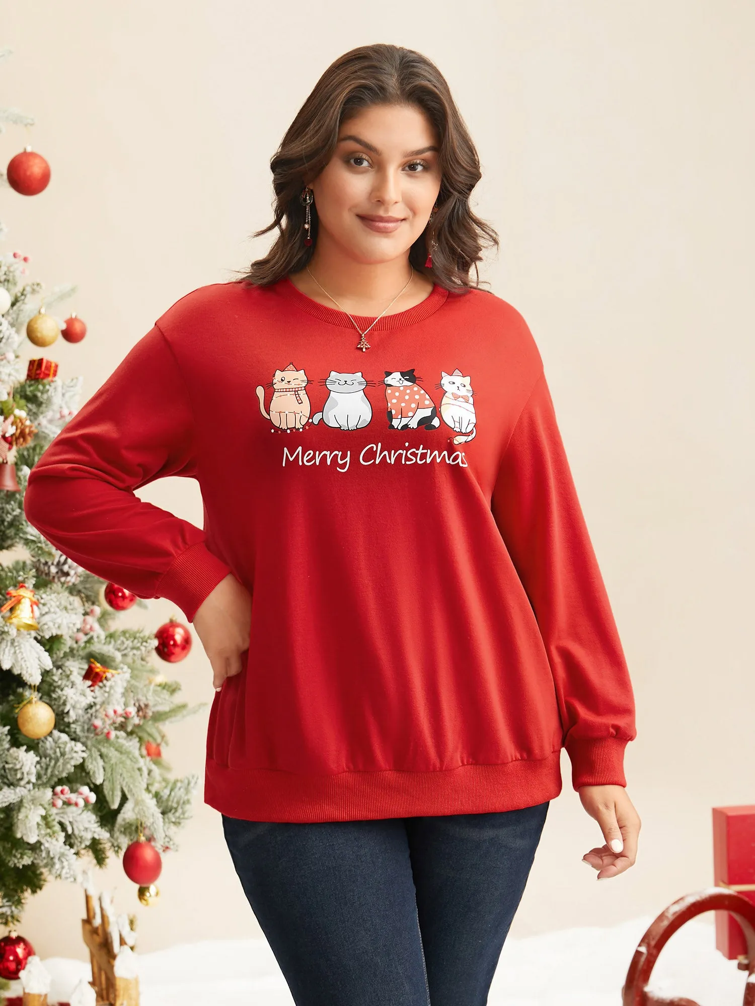 Festive Cats Print Relaxed Fit Sweatshirt sold by Bloomchic product image thumbnail 2
