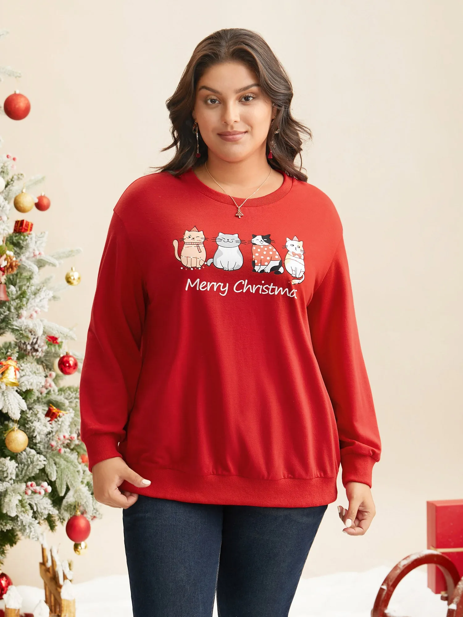 Festive Cats Print Relaxed Fit Sweatshirt sold by Bloomchic product image thumbnail 4