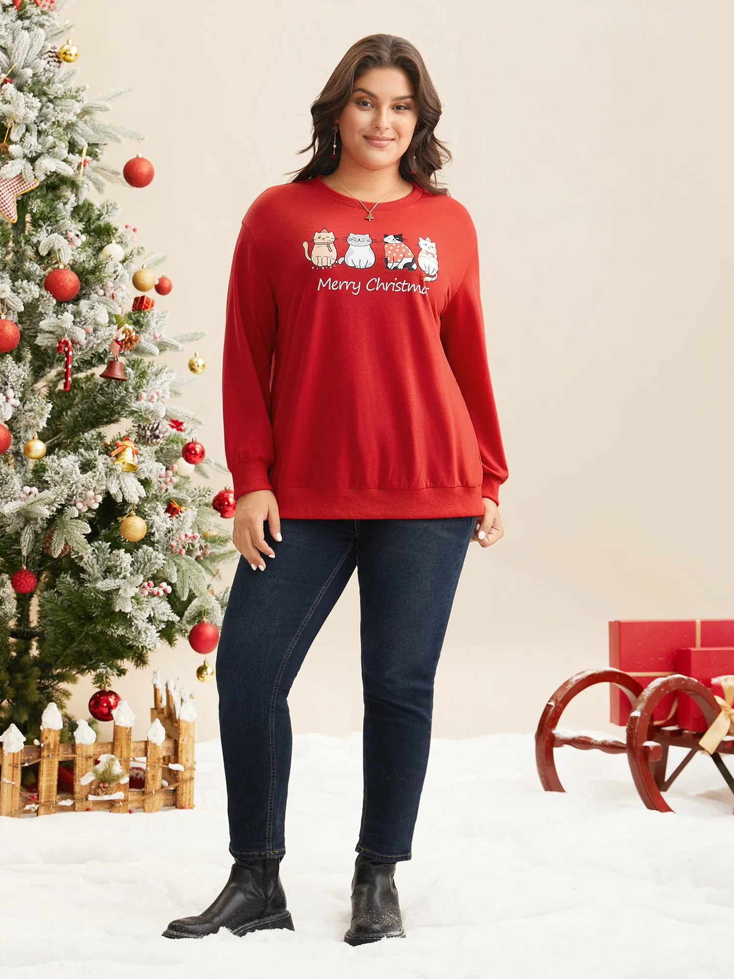 Festive Cats Print Relaxed Fit Sweatshirt sold by Bloomchic product image thumbnail 3