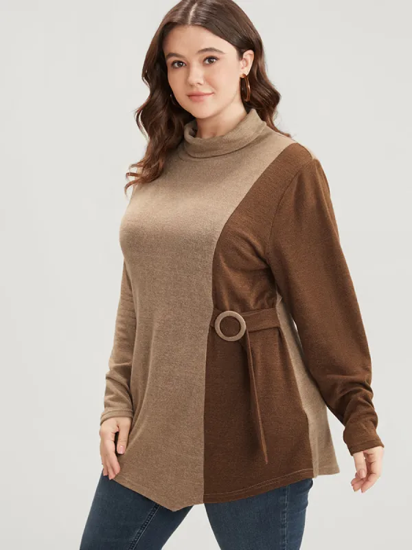 Colorblock Contrast Buckle Side Asymmetrical Hem Long Tee sold by Bloomchic