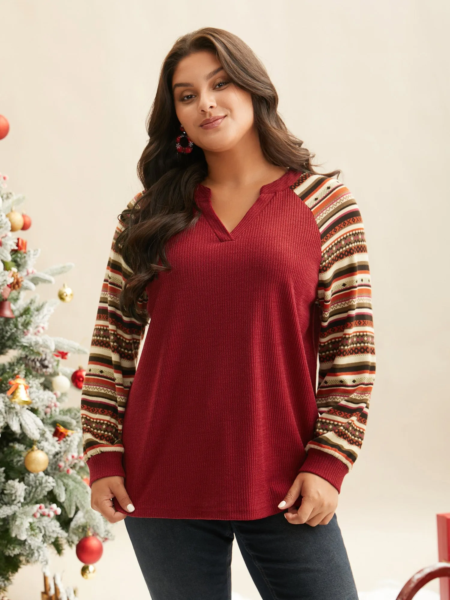 Festive Striped Raglan Sleeves Sweatshirt sold by Bloomchic product image thumbnail 3