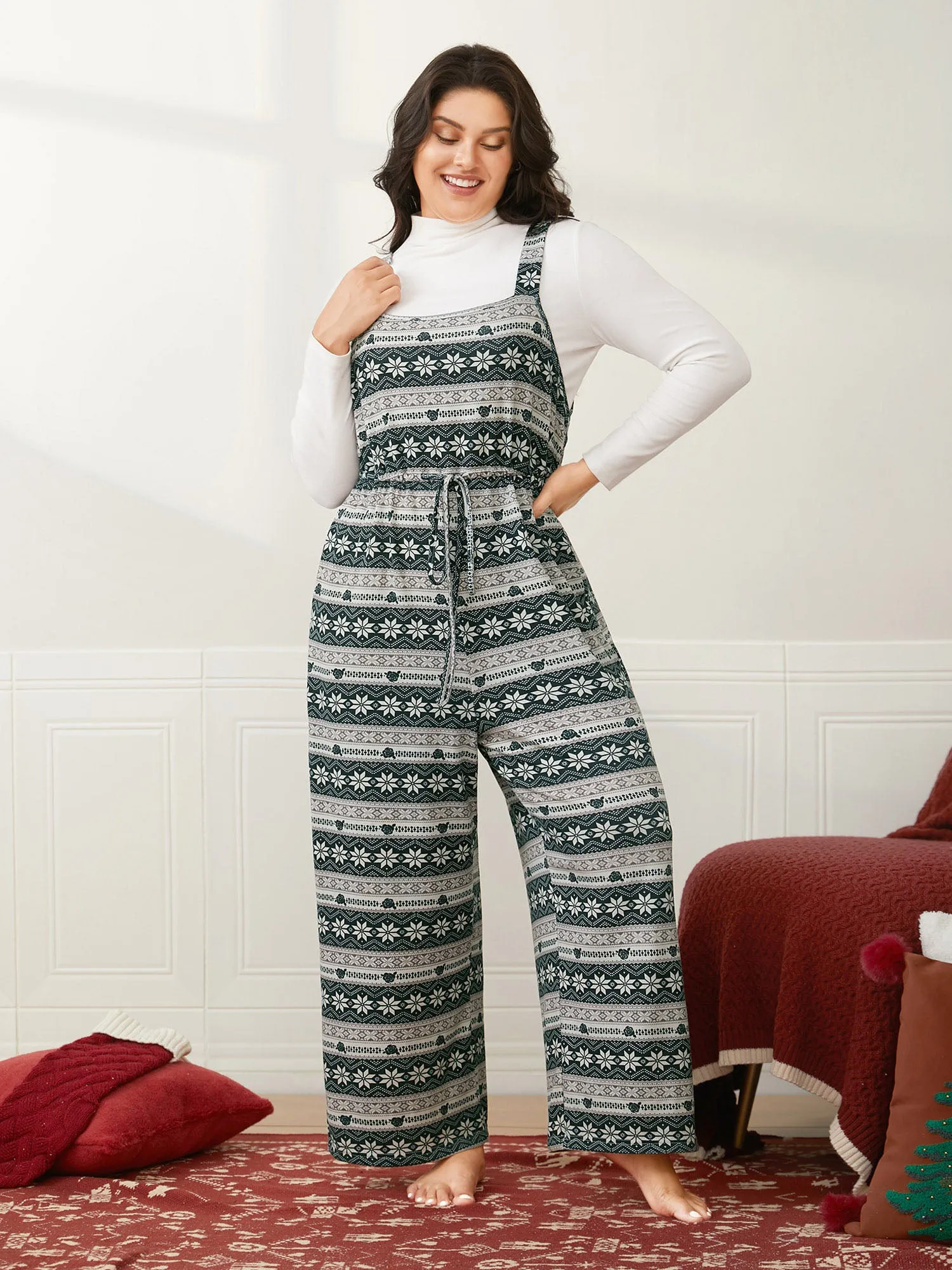 Snowflakes Printed Adjustable Waist Jumpsuit sold by Bloomchic