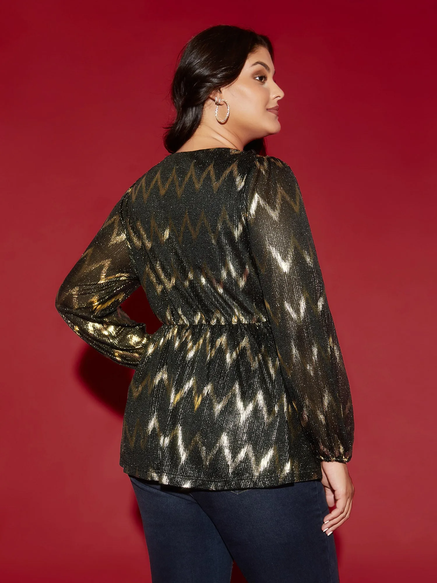 Gold Shimmer Elastic Waist V-neck Blouse sold by Bloomchic product image thumbnail 5