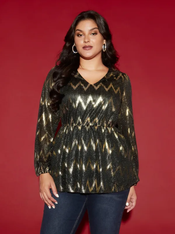 Gold Shimmer Elastic Waist V-neck Blouse sold by Bloomchic