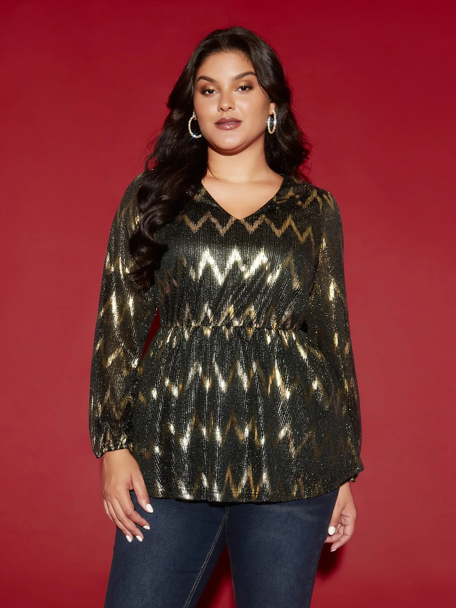 Gold Shimmer Elastic Waist V-neck Blouse sold by Bloomchic