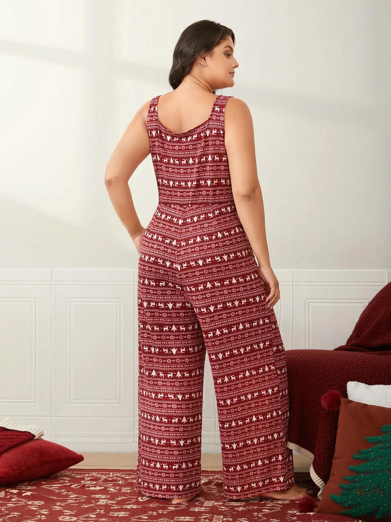 Festive Printed Wide-Leg Lounge Jumpsuit sold by Bloomchic product image thumbnail 4