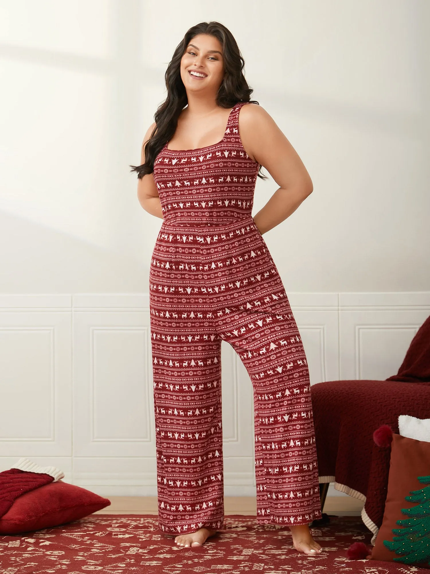 Festive Printed Wide-Leg Lounge Jumpsuit sold by Bloomchic product image thumbnail 3
