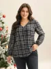 Plaid Zipper Front Lantern Sleeve Blouse sold by Bloomchic