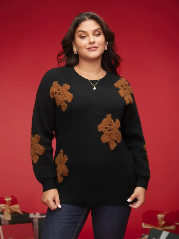 Bear Motifs Jacquard Puffy Sleeves Pullover sold by Bloomchic