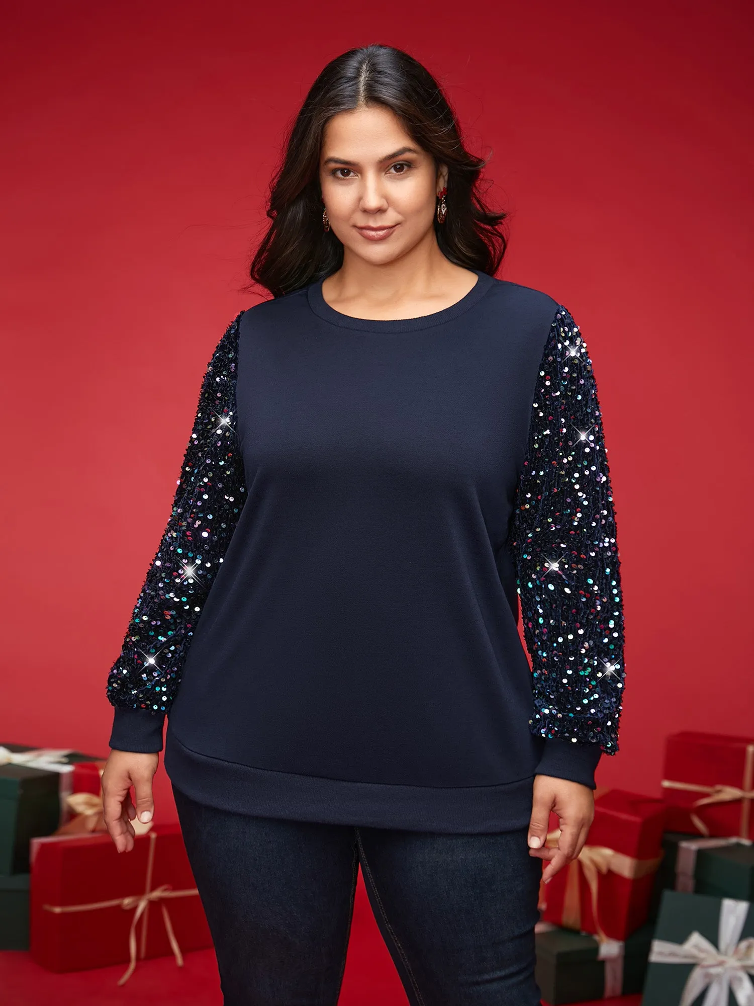 Sequin Sleeves Velvet Panel Sweatshirt sold by Bloomchic