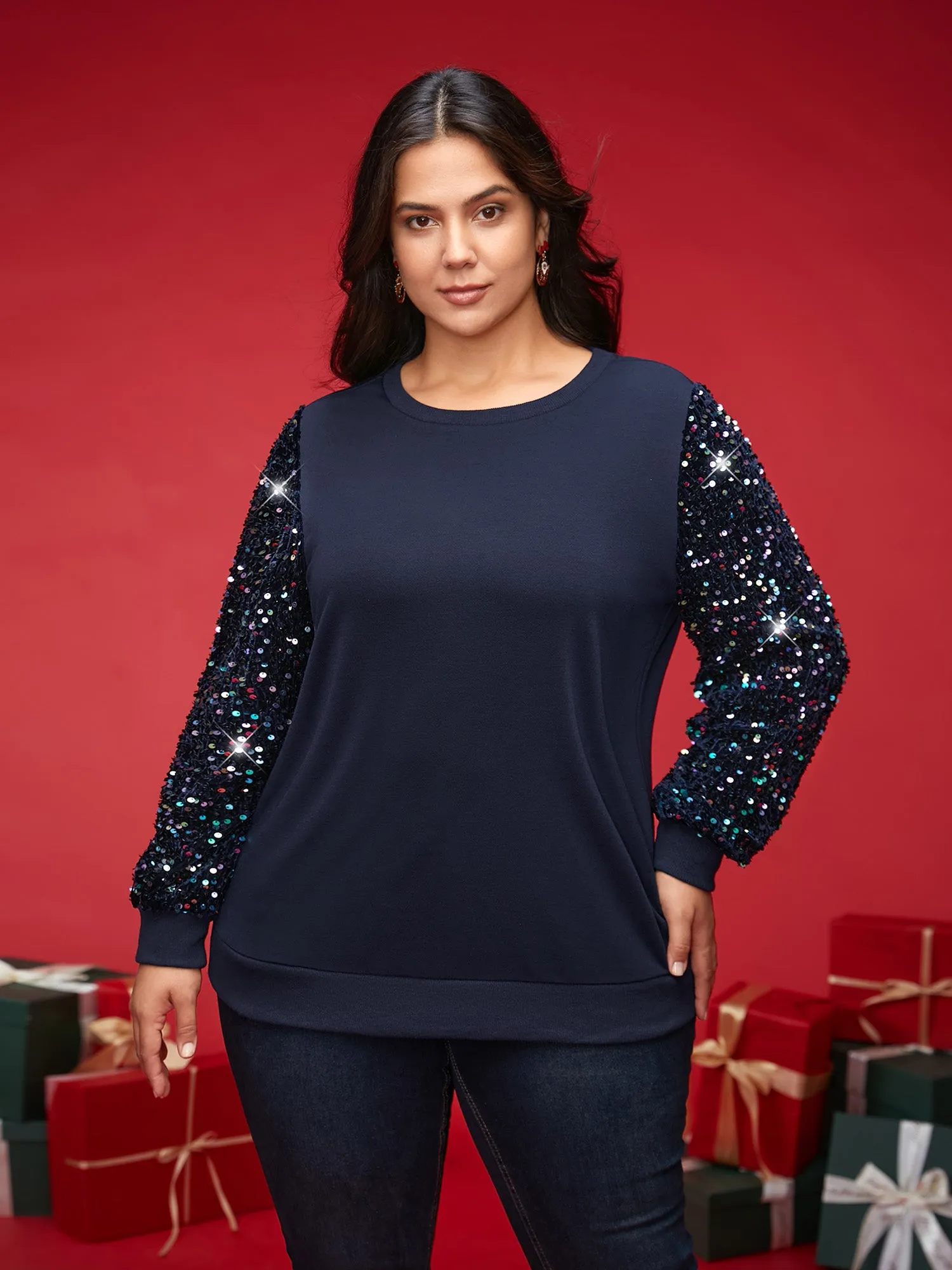 Sequin Sleeves Velvet Panel Sweatshirt sold by Bloomchic product image thumbnail 3