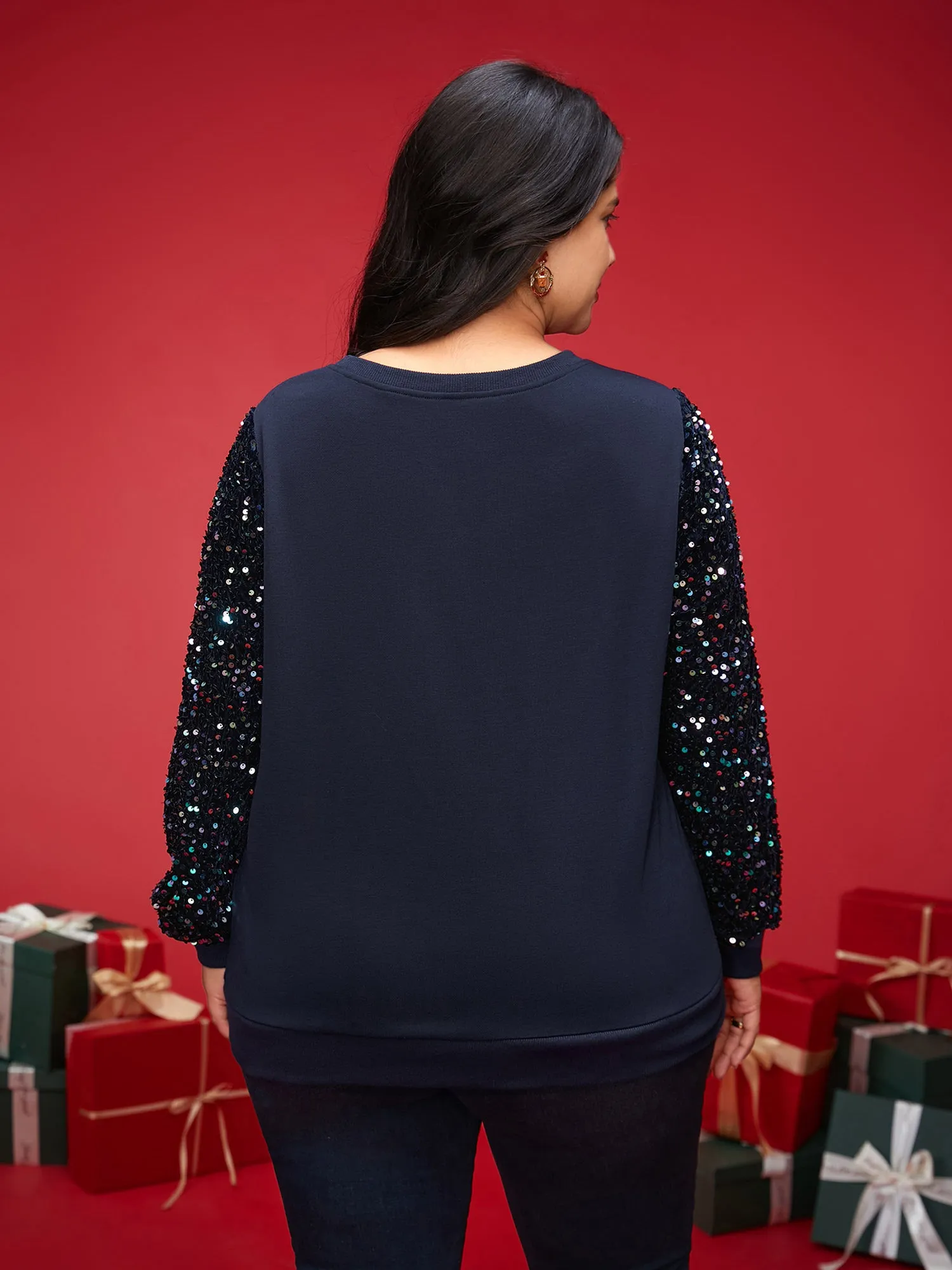 Sequin Sleeves Velvet Panel Sweatshirt sold by Bloomchic product image thumbnail 4