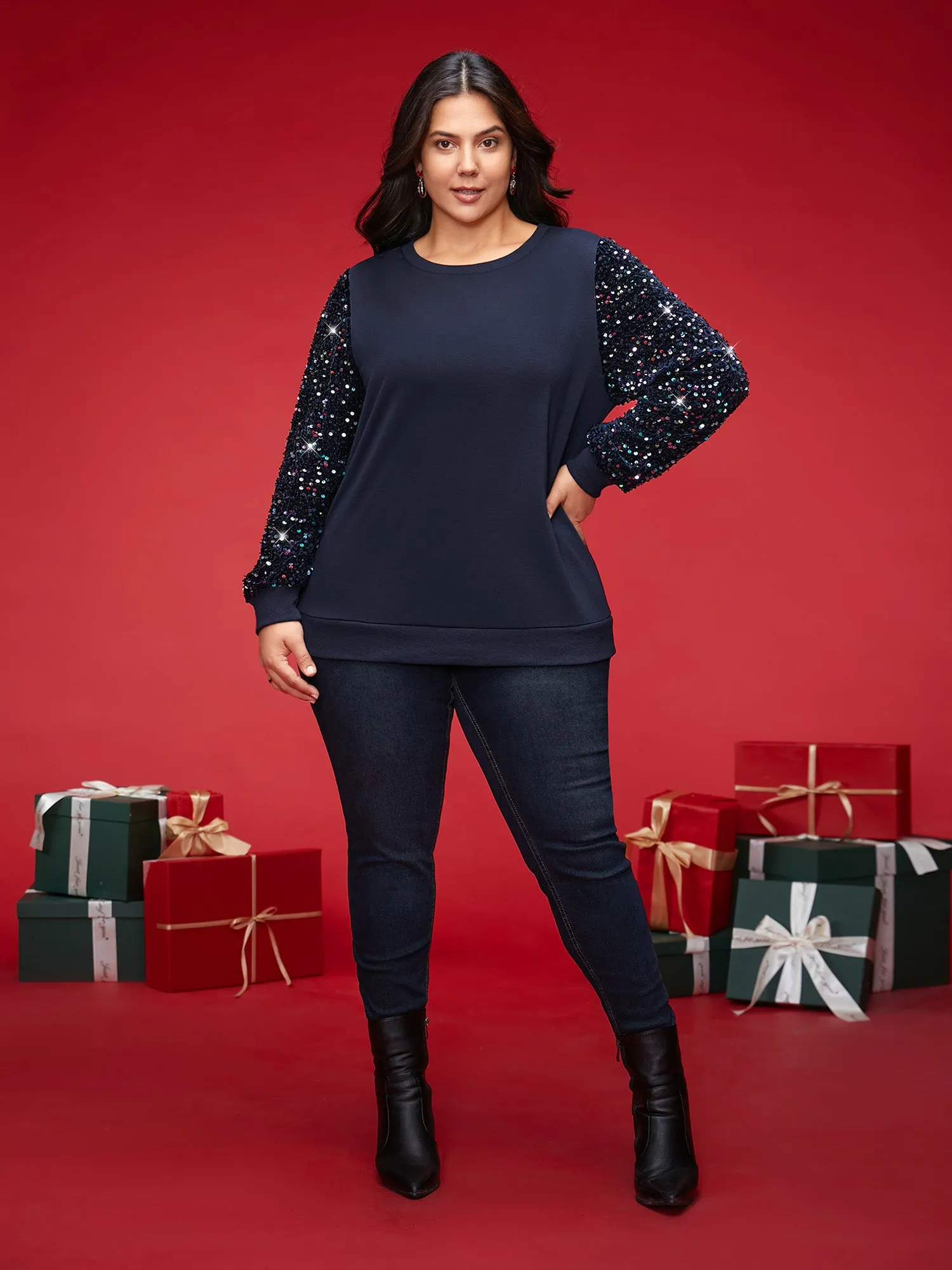 Sequin Sleeves Velvet Panel Sweatshirt sold by Bloomchic product image thumbnail 5