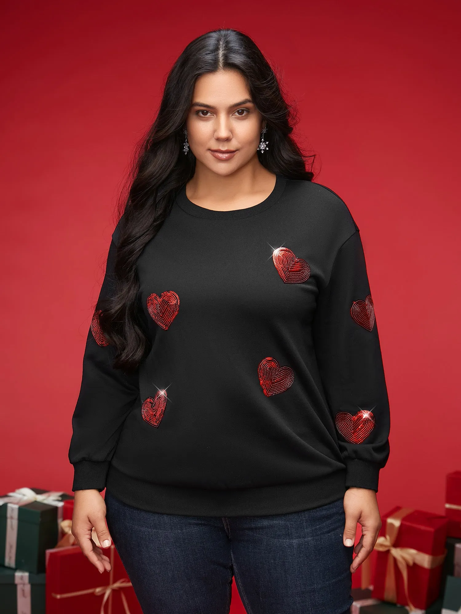 Sequin Heart Embellished Puffy Sleeves Sweatshirt sold by Bloomchic