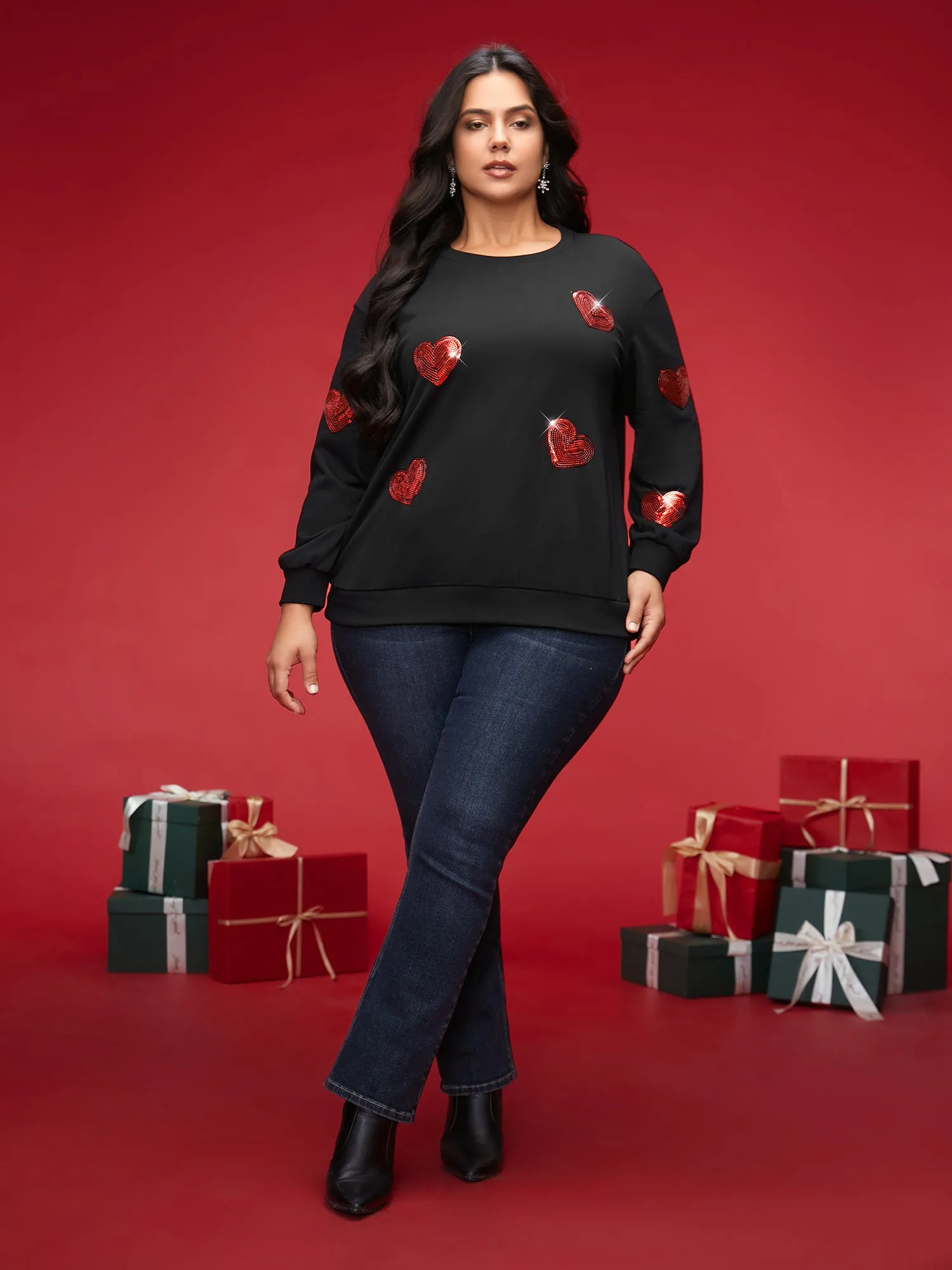 Sequin Heart Embellished Puffy Sleeves Sweatshirt sold by Bloomchic product image thumbnail 3