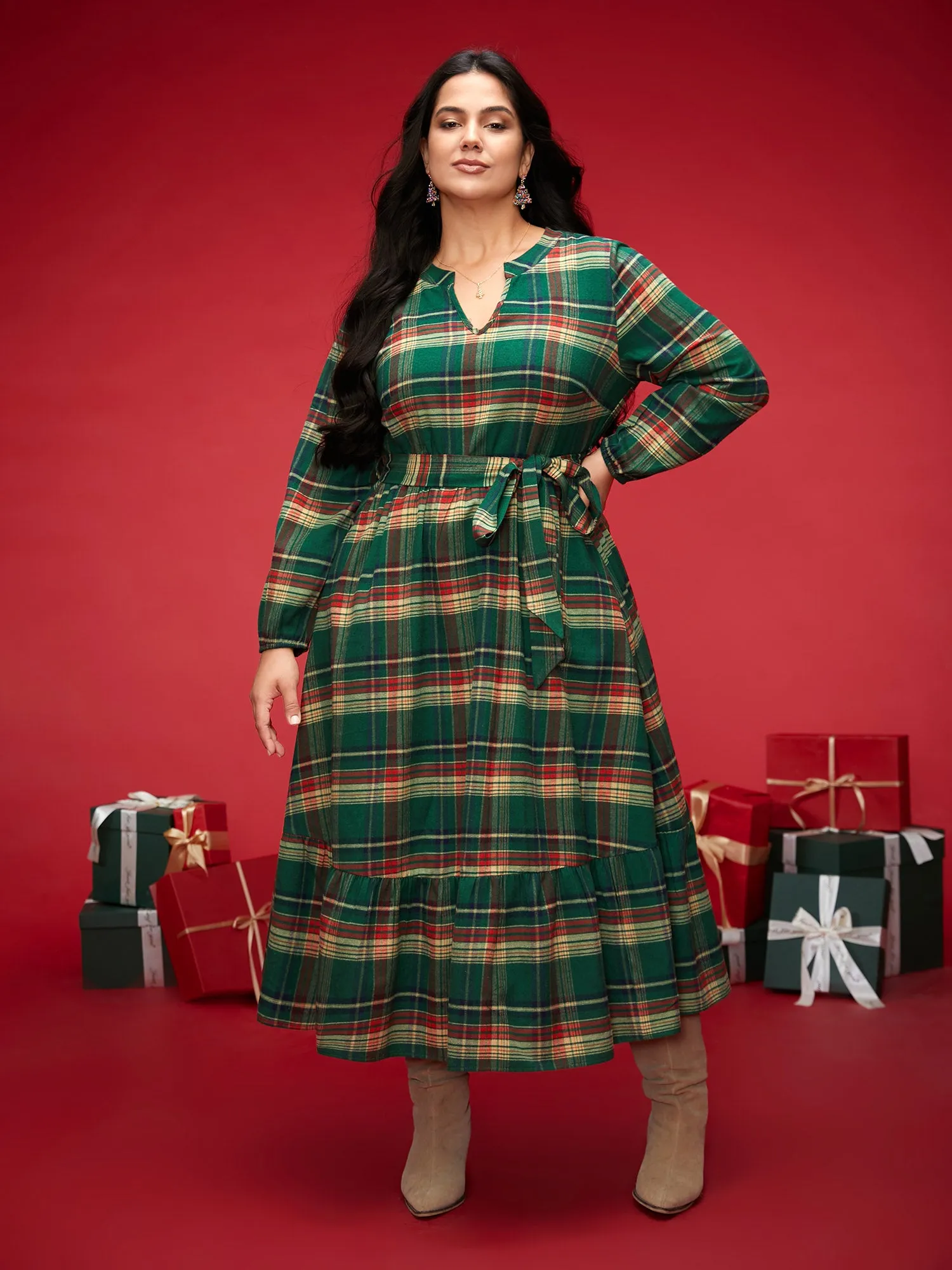 Festive Notched Collar Plaid Dress sold by Bloomchic product image thumbnail 3
