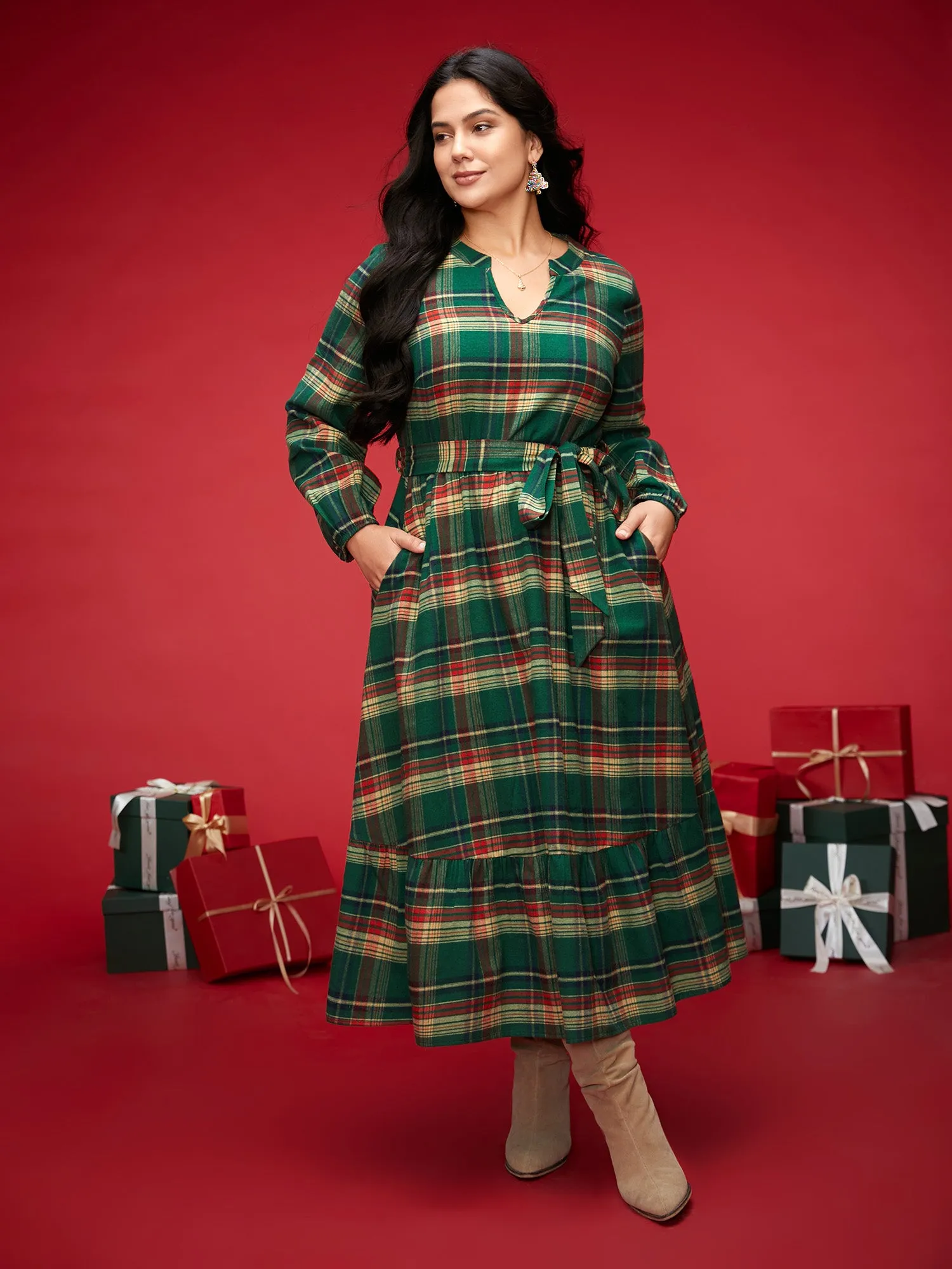 Festive Notched Collar Plaid Dress sold by Bloomchic product image thumbnail 4