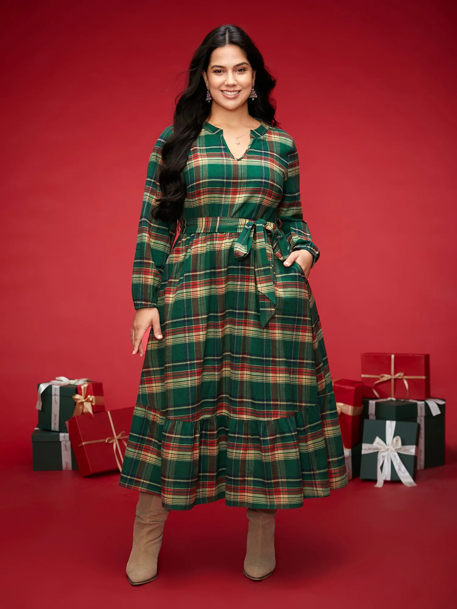 Festive Notched Collar Plaid Dress sold by Bloomchic
