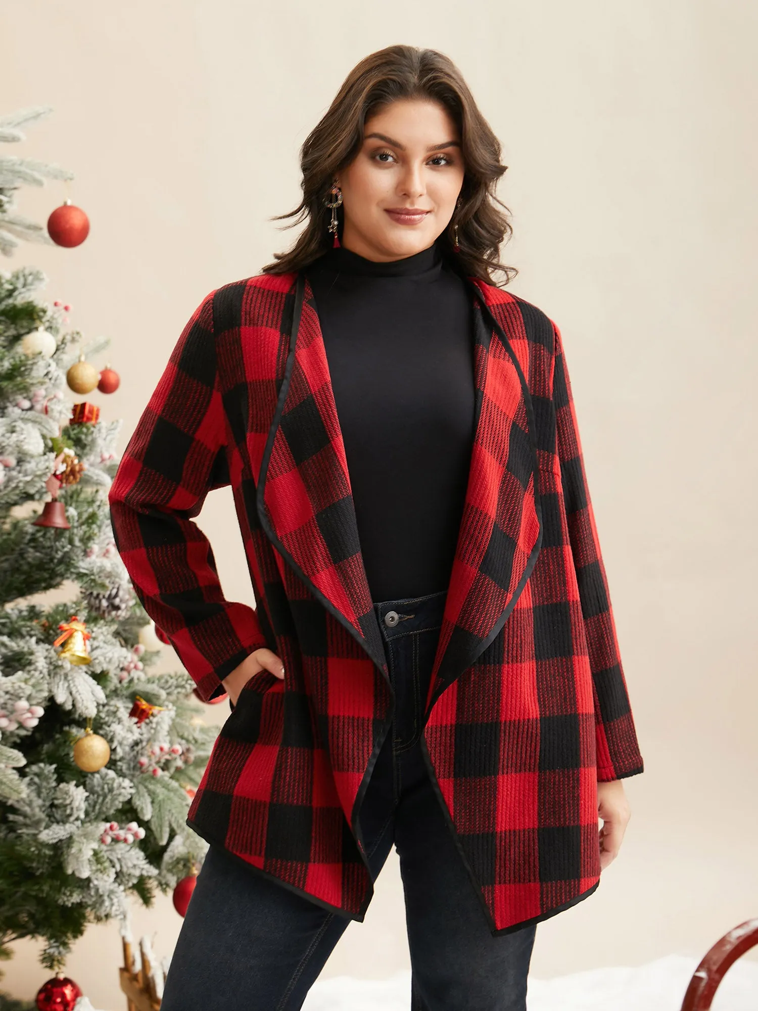Festive Plaid Curved Hem Cardigan sold by Bloomchic product image thumbnail 2