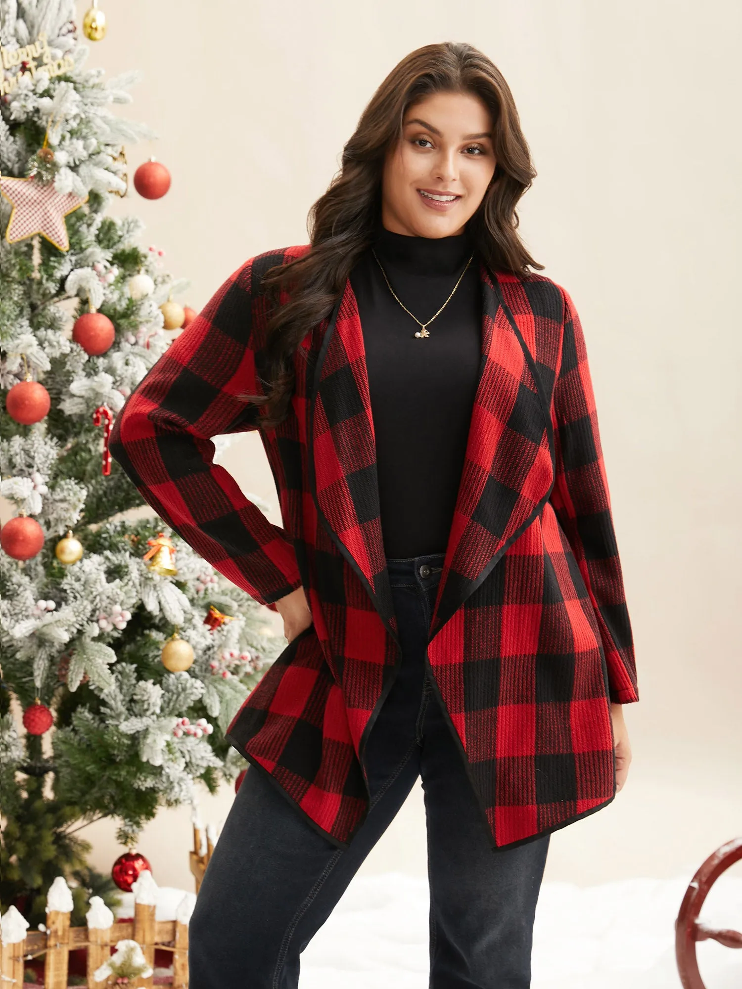 Festive Plaid Curved Hem Cardigan sold by Bloomchic product image thumbnail 5
