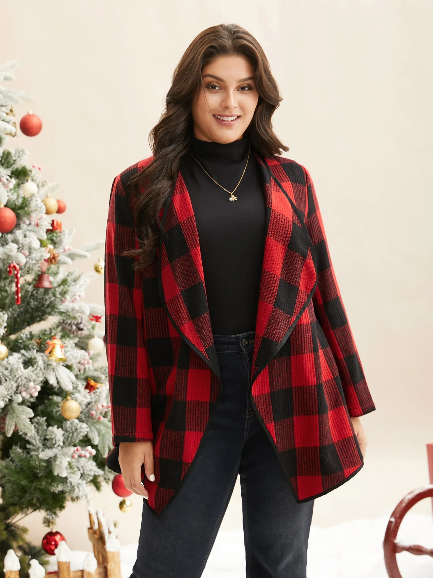 Festive Plaid Curved Hem Cardigan sold by Bloomchic