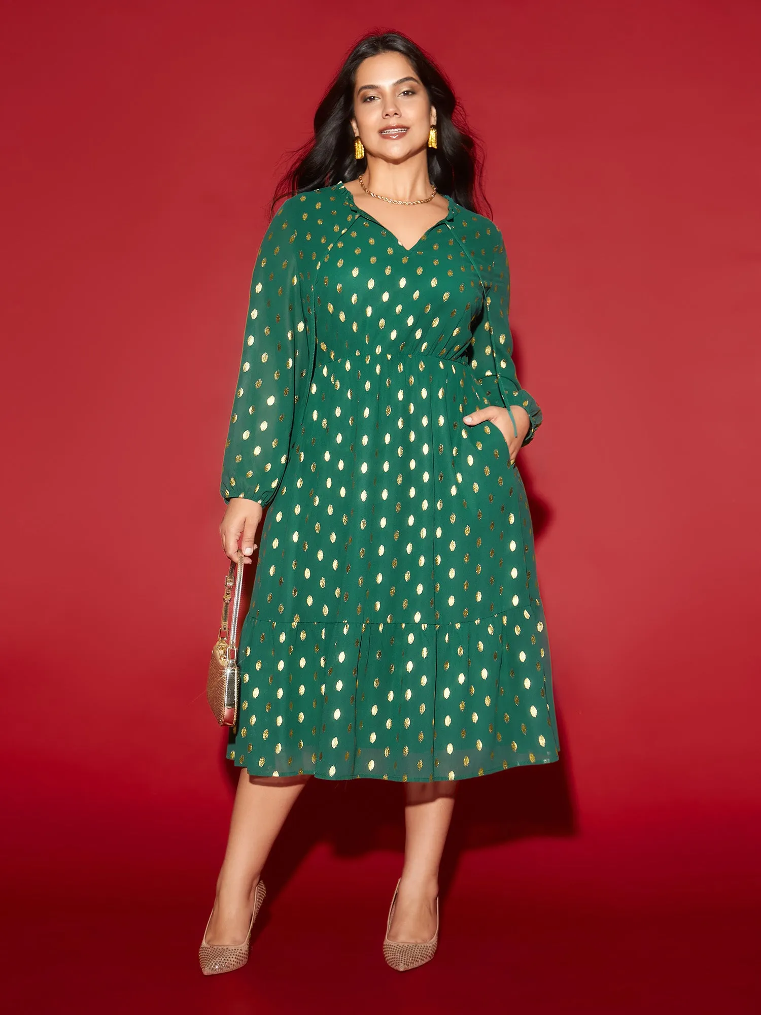 Glitter Notched Collar Tiered Hem Midi Dress sold by Bloomchic product image thumbnail 3