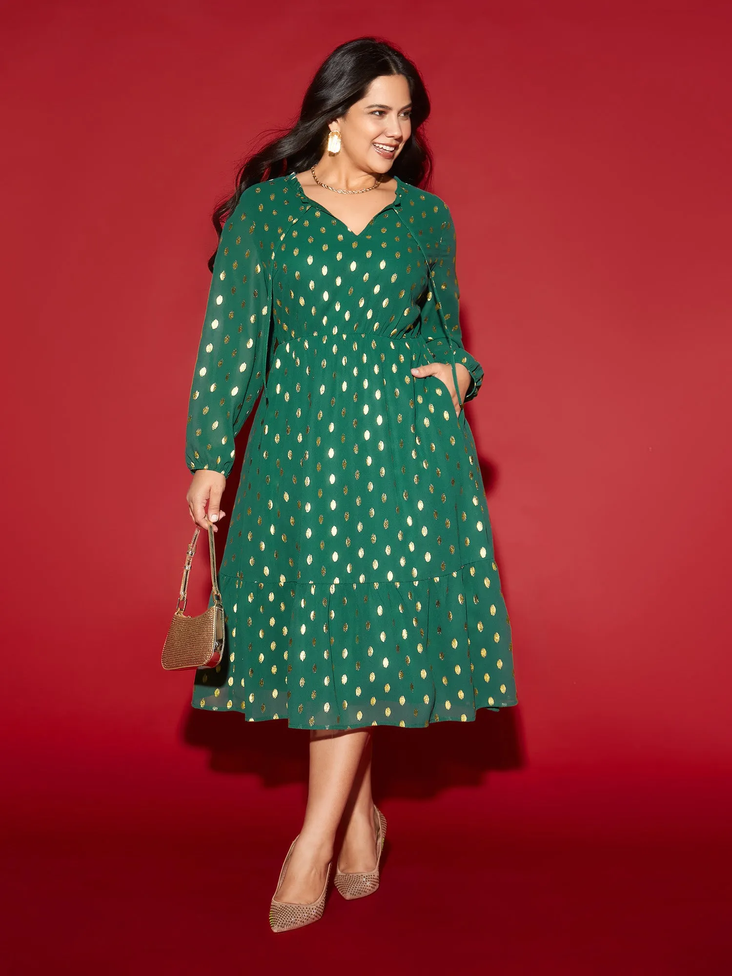 Glitter Notched Collar Tiered Hem Midi Dress sold by Bloomchic