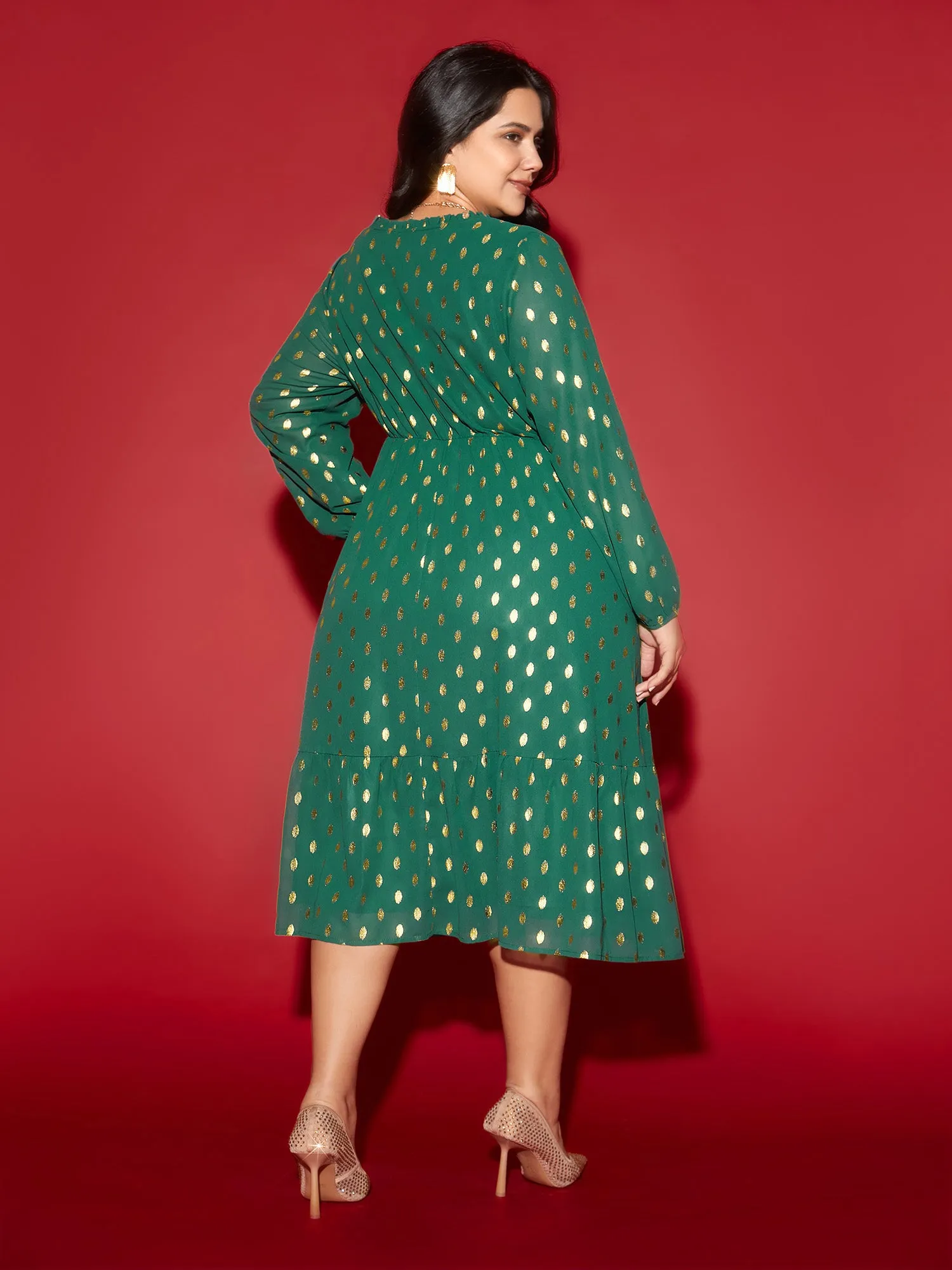 Glitter Notched Collar Tiered Hem Midi Dress sold by Bloomchic product image thumbnail 4