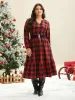 Plaid Notched Collar Elastic Waist Midi Dress sold by Bloomchic