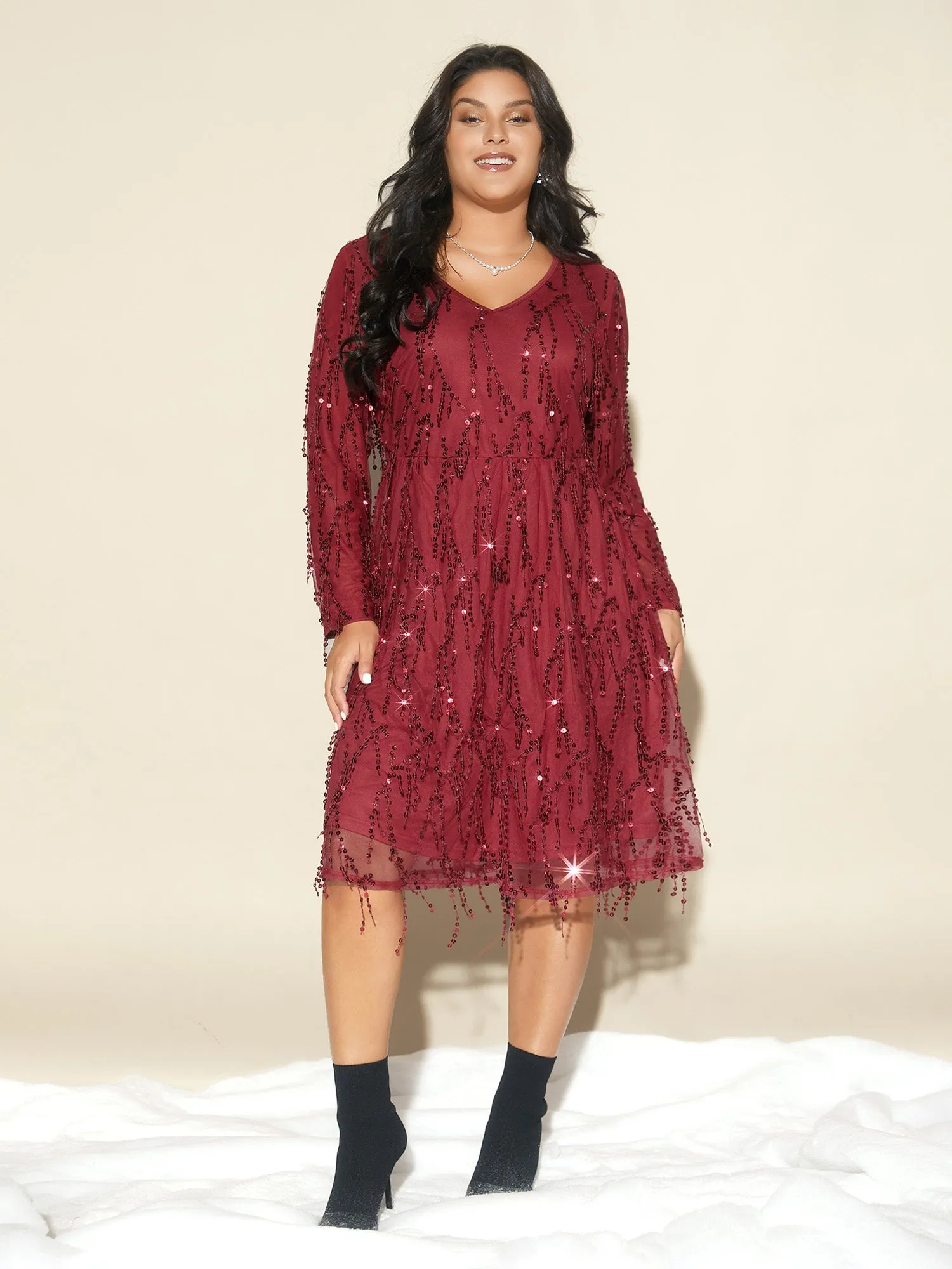 Sequin Fringe Detailing Elastic Waist Midi Dress sold by Bloomchic product image thumbnail 3