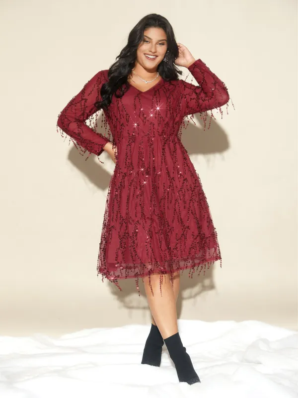 Sequin Fringe Detailing Elastic Waist Midi Dress sold by Bloomchic